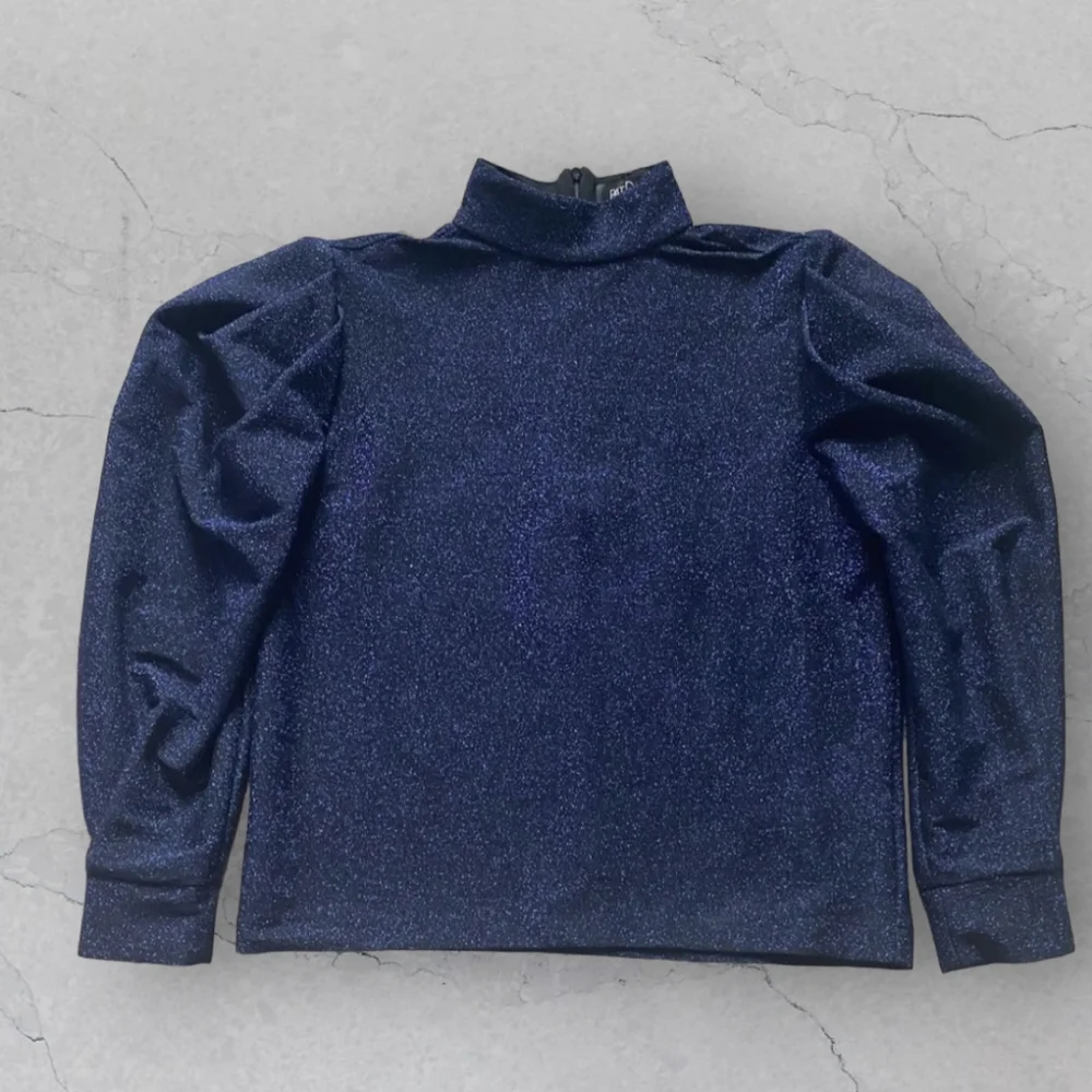 PatBo Metallic Navy Lurex Puff Sleeve Turtleneck Top Holiday Cocktail Party XS